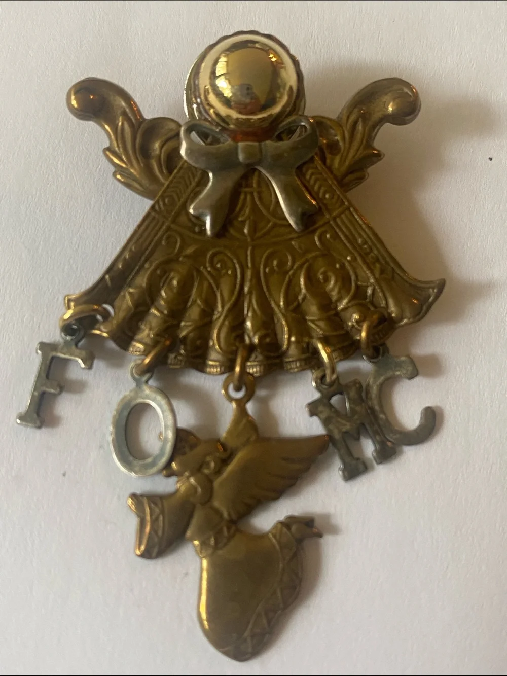 Vintage Gold Angel Brooch with Dangling Letters